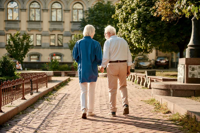 back view of elderly couple holding hands